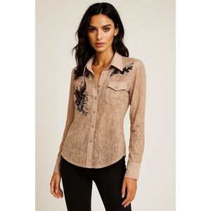 Parasuco Women's Velvet Burnout Button Up Shirt Pink Devilish Y2K 2 Front Pocket